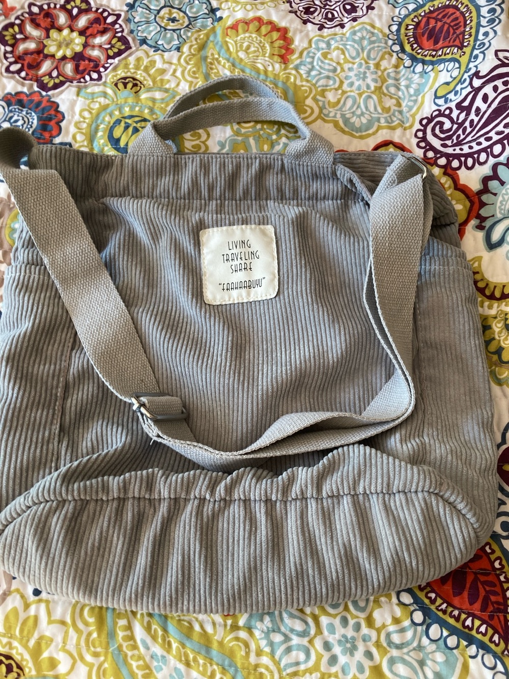 Corduroy Shoulder Tote with Patch Logo - Light Gray